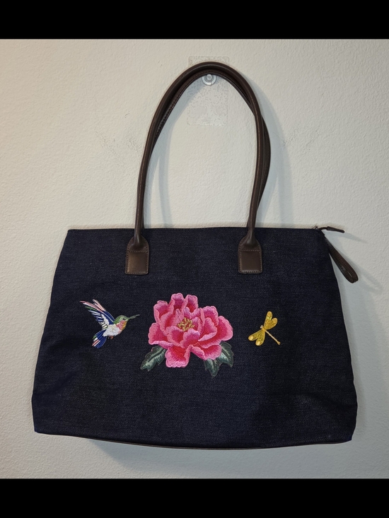 Persephone's Daughter Handbags - Upcycled Dark Wash Blue Denim Tote Bag With Floral Design